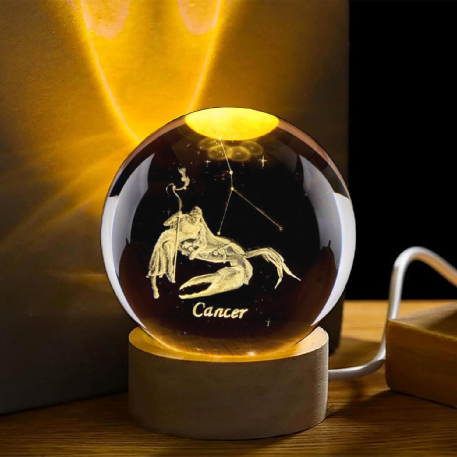 Paper Weight Crystal - 3D Kanser Takımyıldızı Kristal Top Ahşap